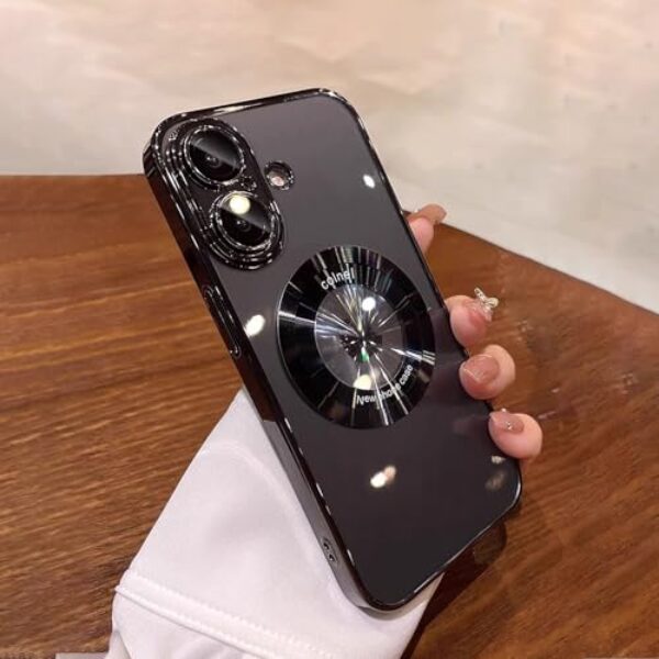Capa compatível com iPhone 16, magnética compatível com Magsafe, protetor de câmera de lente de vidro, capas de telefone rígidas luxuosas com visualização de logotipo para iPhone 16 para mulheres e