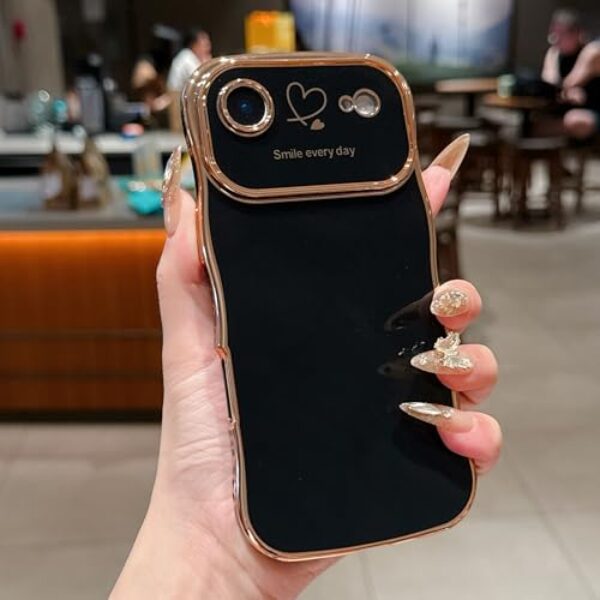 Capa compatível com iPhone Air para mulheres e meninas, chapeamento de luxo fofo encaracolado formato de moldura ondulada design de coração de amor, proteção total da câmera TPU macio à prova de