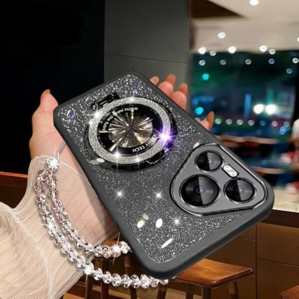 Capa com suporte para celular com pulseira de cristal brilhante para Xiaomi POCO F6 F5 M6 M5S M4 M3 X6 X5 X4 X3 Pro GT C65 C61, preta, para POCO X3 NFC