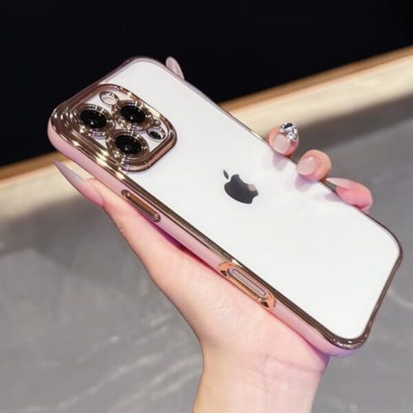 Capa de acrílico transparente para iPhone 16 Pro | Borda colorida galvanizada | Capa rígida antiamarelamento | Design traseiro cristalino 16 cm - Rosa