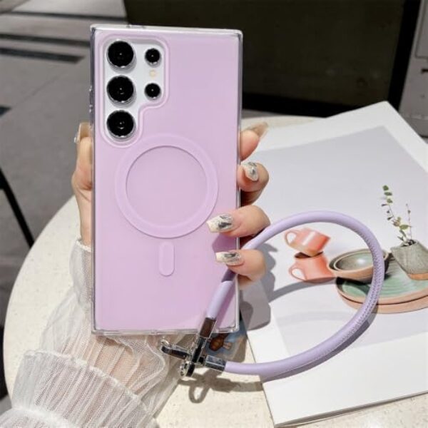 Capa de celular cor de doce com alça de couro para Samsung Galaxy S24 S23 Ultra S22 Plus, capa protetora à prova de choque, roxa, para S23 FE
