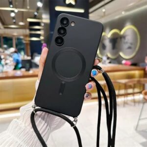 Capa de celular magnética com cordão transversal para Samsung Galaxy A05 A05S A15 A35 A55 5G, capa traseira de silicone TPU macio, preta, para A05S