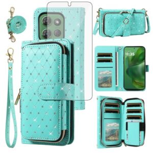Capa de celular para Motorola Moto G Power 5G 2025 capa carteira com zíper com protetor de tela de vidro temperado alça transversal com glitter flip porta-cartão slot XT2515-1 mulheres meninas verde