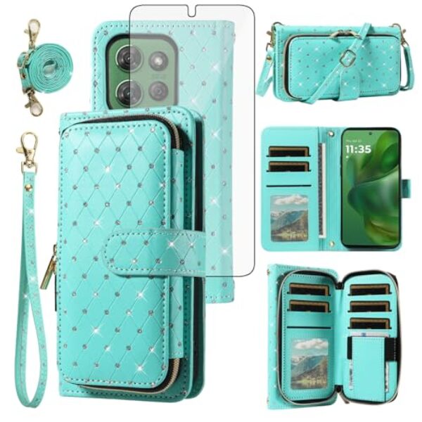 Capa de celular para Motorola Moto G Power 5G 2025 capa carteira com zíper com protetor de tela de vidro temperado alça transversal com glitter flip porta-cartão slot XT2515-1 mulheres meninas verde