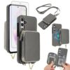 Capa de celular para Samsung Galaxy A15 5G/4G carteira com zíper e protetor de tela, alça transversal 2 em 1 magnético destacável MagSafe bloqueio RFID Flip A 15 G5 15A feminino masculino cinza