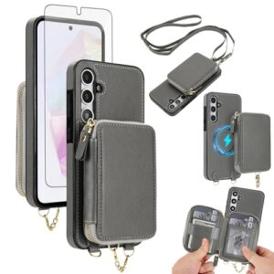 Capa de celular para Samsung Galaxy A15 5G/4G carteira com zíper e protetor de tela, alça transversal 2 em 1 magnético destacável MagSafe bloqueio RFID Flip A 15 G5 15A feminino masculino cinza