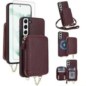 Capa de celular para Samsung Galaxy S22 Plus S22+ 5G carteira com zíper e protetor de tela alça transversal 2 em 1 magnético destacável MagSafe bloqueio RFID Flip S22+5G S22plus vinho tinto
