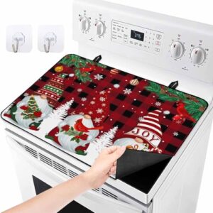 Capa de fogão para fogão elétrico, gnomo fofo de Natal, árvore de Natal, pássaro, vermelho, preto, xadrez, cobertura superior para tampo de vidro, tapete de borracha resistente ao calor, capa de fogão