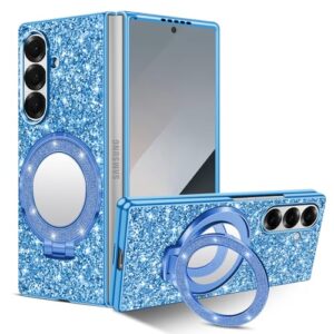 Capa de silicone para Samsung Galaxy Z Fold 7 5G Capa de telefone Glitter Sparkle Bling Matte Back Cases com Mag-Safe, espelho de maquiagem, suporte à prova de choque capa protetora para Samsung Z