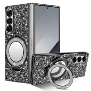 Capa de silicone para Samsung Galaxy Z Fold 7 5G Capa de telefone Glitter Sparkle Bling Matte Back Cases com Mag-Safe, espelho de maquiagem, suporte à prova de choque capa protetora para Samsung Z