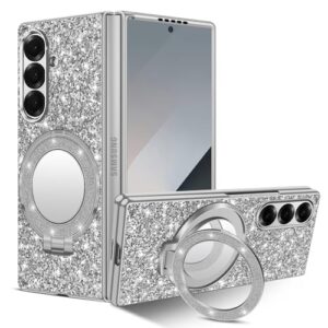 Capa de silicone para Samsung Galaxy Z Fold 7 5G Capa de telefone Glitter Sparkle Bling Matte Back Cases com Mag-Safe, espelho de maquiagem, suporte à prova de choque capa protetora para Samsung Z