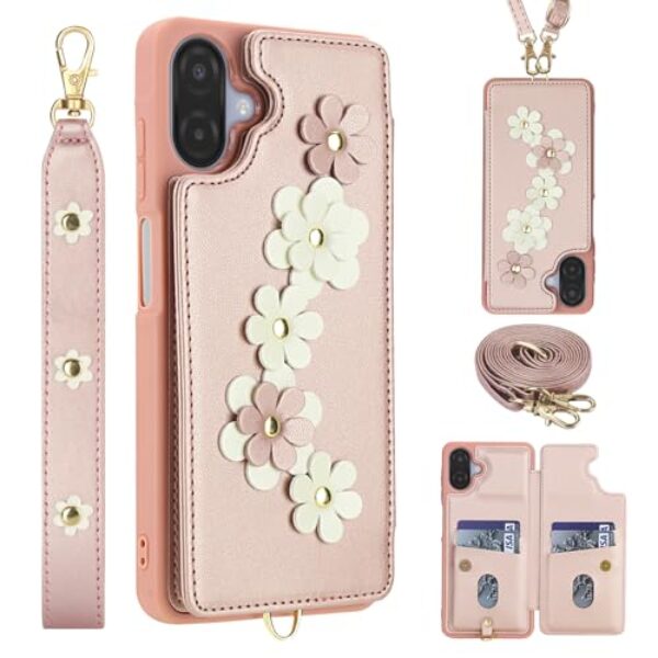Capa de telefone carteira de couro para Samsung Galaxy A06 4G/5G com 4 compartimentos para cartão, suporte magnético com alça de pulso, bolsa de telefone transversal com design de flor de couro, capa