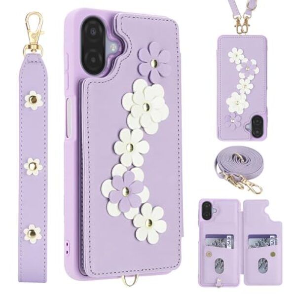 Capa de telefone carteira de couro para Samsung Galaxy A07 4G com 4 compartimentos para cartão, suporte magnético com alça de pulso, design de flor de couro, bolsa tiracolo para telefone à prova de