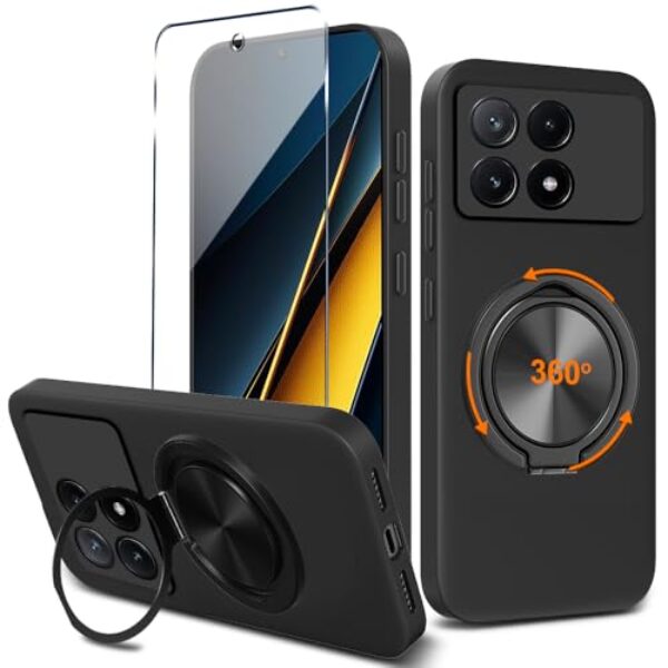 Capa de telefone compatível com Xiaomi Poco X6 Pro 5G / Redmi K70E 5G com protetor de tela, suporte de anel giratório de 360° Suporte/suporte TPU Silm Fit Capa protetora para Xiaomi Poco X6 Pro 5G