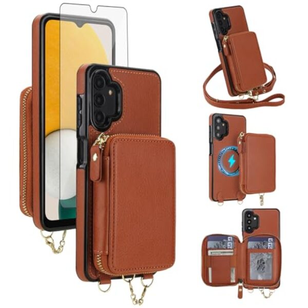 Capa de telefone para Samsung Galaxy A13 4G/5G carteira com zíper capa protetora de tela alça transversal alça 2 em 1 magnética destacável bloqueio RFID flip M13 A 13 LTE 13A 2022 mulheres homens