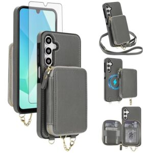 Capa de telefone para Samsung Galaxy A17/A26 5G carteira com zíper capa protetora de tela transversal alça magnética destacável compatível com bloqueio de RFID MagSafe Flip A 17 26 17A cinza