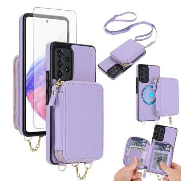 Capa de telefone para Samsung Galaxy A53 5G carteira com zíper capa de bolsa e protetor de tela transversal alça de cordão 2 em 1 magnético destacável bloqueio RFID Flip A 53 G5 53A SM A536U feminino