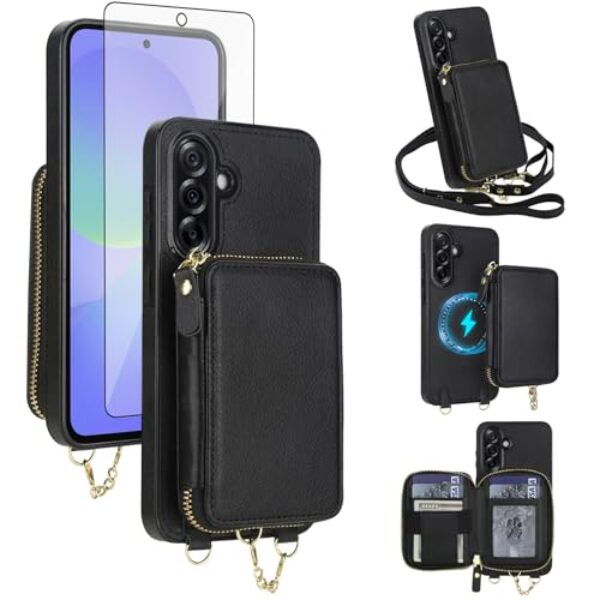 Capa de telefone para Samsung Galaxy A56 5G carteira com zíper bolsa protetora de tela transversal alça magnética destacável compatível com bloqueio de RFID MagSafe Flip A 56 56A feminino masculino