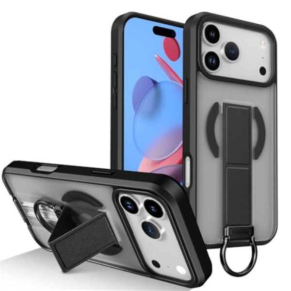 Capa dobrável magnética transparente fosca de luxo com suporte para carregamento sem fio, preta, para iPhone 16e