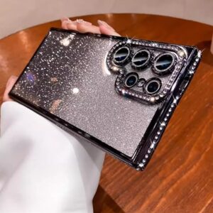 Capa feminina com glitter compatível com Samsung Galaxy S23 Ultra, linda capa brilhante de strass de diamante com protetor de câmera, [compatível com Magsafe] acessórios de capa de telefone, preta