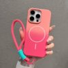 Capa magnética colorida de silicone líquido macio com gradiente para iPhone 16, 15, 14 Plus, 13, 12, 11 Pro Max, à prova de choque, com alça e corda, rosa, para iPhone 16
