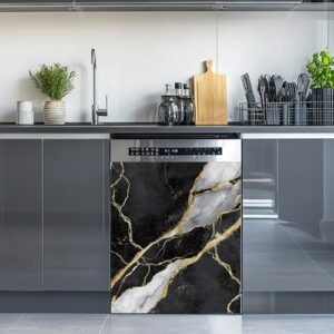 Capa magnética de mármore para lava-louças, preto, dourado, esvoaçante, mármore, cinza, decoração de cozinha, à prova d'água, ímã de geladeira, adesivo, capa protetora, 58 cm L x 66 cm A