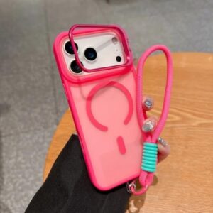 Capa magnética fosca de luxo para iPhone 17 Air 16 15 14 13 12 11 Plus Mini Pro Max com suporte de metal e cordão (para iPhone 17 Pro Max/Vermelho Rosa)