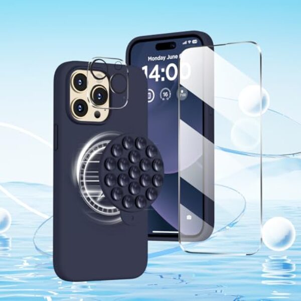 Capa magnética para iPhone 14 Pro Max, compatível com MagSafe, com protetor de tela - protetor de câmera - suporte de telefone com ventosa, capa de telefone fina de silicone para iPhone 14 Pro Max de