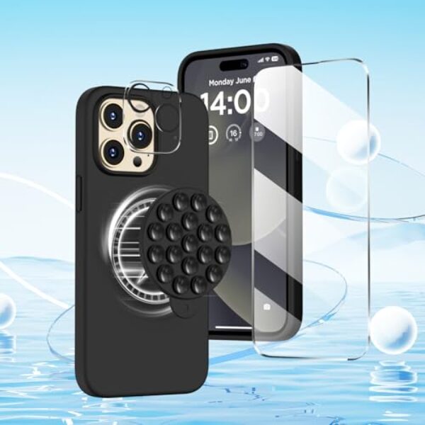 Capa magnética para iPhone 14 Pro Max, compatível com MagSafe, com protetor de tela - protetor de câmera - suporte de telefone com ventosa, capa de telefone fina de silicone para iPhone 14 Pro Max de