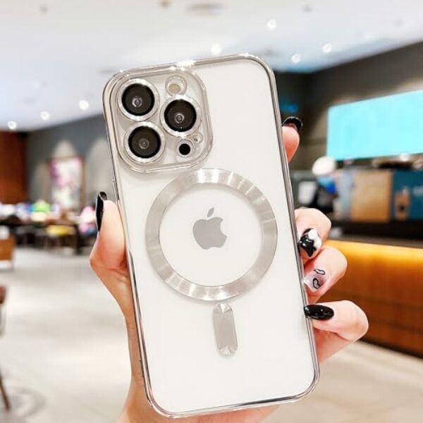 Capa magnética para iPhone 15 Pro Max [compatível com MagSafe] Proteção total da câmera transparente Capa luxuosa para mulheres e homens TPU macio protetor contra quedas prata