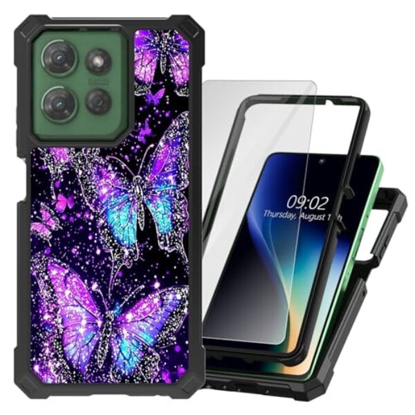 Capa para celular Motorola Moto G Stylus 5G 2025 com protetor de tela de vidro temperado, camada dupla, borboletas roxas, capa protetora de policarbonato rígido, TPU macio, à prova de choque, para