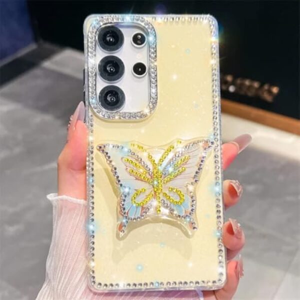 Capa para Galaxy A35 5G Glitter Star Butterly Stand Capa de celular fofa (para Galaxy A35 5G/Amarelo)