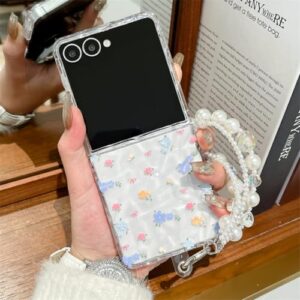Capa para Galaxy Z Flip7 com ondulações de água transparentes e flores fofas, capa de silicone com corrente (para Galaxy Z Flip7/capa com corrente)