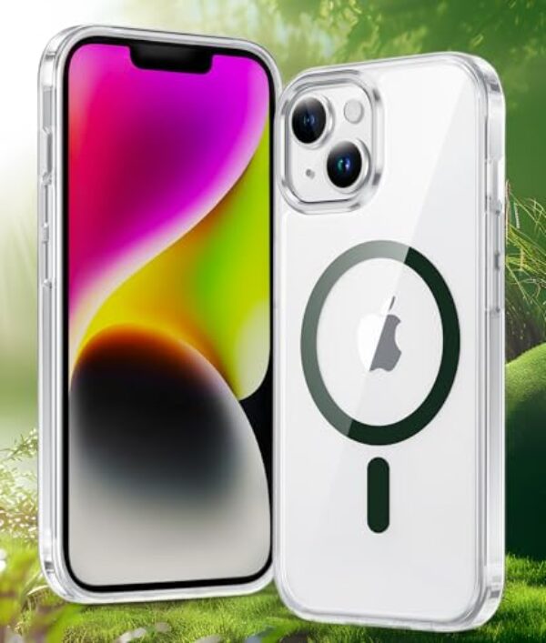 Capa para iPhone 14 Plus, compatível com MagSafe,[Não amarela] [Proteção contra quedas de grau militar] Capa magnética protetora à prova de choque para celular, transparente + verde