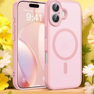 Capa para iPhone 16, [compatível com MagSafe] [proteção militar contra quedas] Capa protetora de celular à prova de choque fina translúcida fosca para iPhone 16 de 6,1 polegadas (rosa)