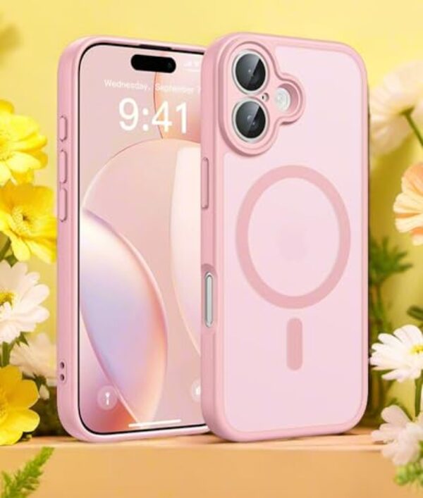 Capa para iPhone 16, [compatível com MagSafe] [proteção militar contra quedas] Capa protetora de celular à prova de choque fina translúcida fosca para iPhone 16 de 6,1 polegadas (rosa)