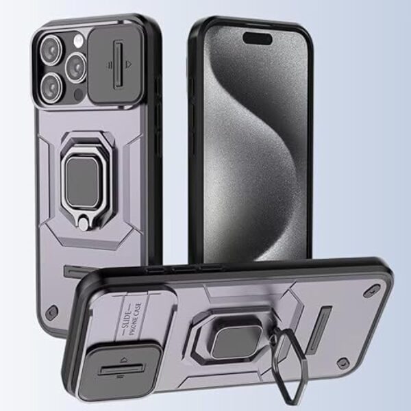 Capa para iPhone 16 Pro Max com capa deslizante para câmera, com suporte de anel de dedo, compatível com suporte magnético para carro, militar, à prova de choque, capa de celular roxa