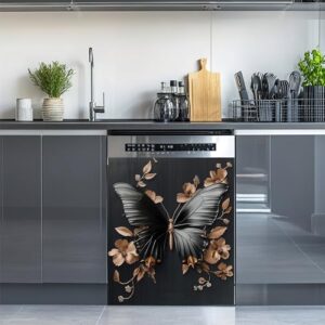 Capa para lava-louças com ímã de flores de borboleta, adesivo de ímã dourado preto para decoração de cozinha doméstica, 58 x 66 cm