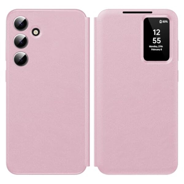 Capa para Samsung A16 com tela pequena inteligente, capa carteira S-View, para Samsung Galaxy A16 5G, capa de janela inteligente, capa protetora de couro flip Smart View rosa