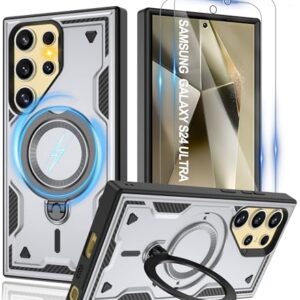 Capa para Samsung Galaxy-S24 Ultra com Magsafe e [película HD × 2] [antiimpressões digitais], suporte giratório de metal 360°, proteção à prova de choque de grau militar para Galaxy S24 Ultra, cinza