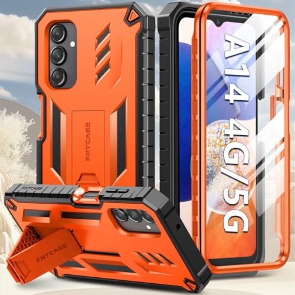 Capa para Samsung Galaxy A14 4G/5G protetora de tela integrada para celular com suporte | Capa protetora robusta à prova de choque de camada dupla de corpo inteiro | Capa híbrida antiarranhões e