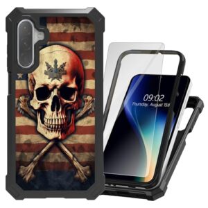 Capa para Samsung Galaxy A17 5G/A26 5G com protetor de tela de vidro temperado, camada dupla, híbrida, bandeira americana, caveira, proteção à prova de choque, capa para celular para Samsung A17 5G