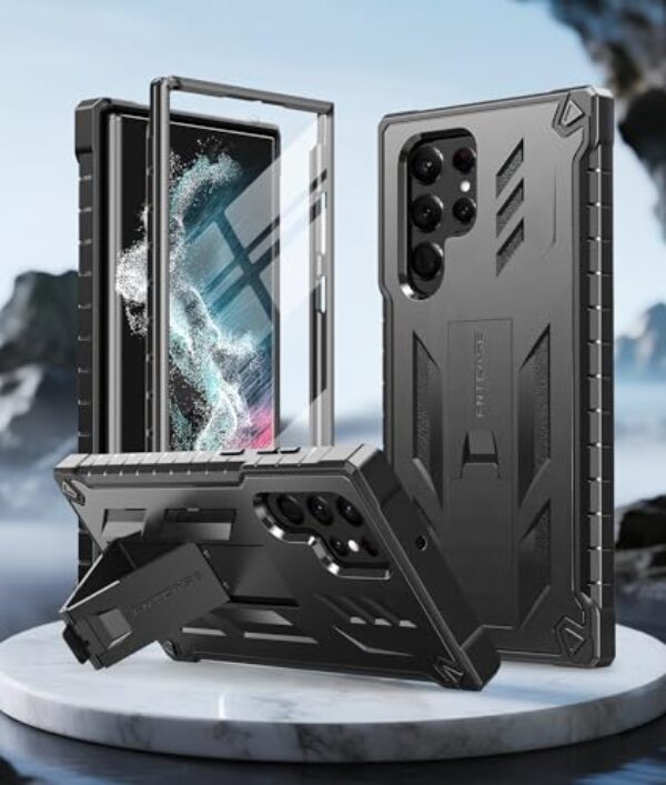 Capa para Samsung Galaxy S22 Ultra, proteção militar à prova de quedas, capa móvel com suporte | TPU texturizado fosco resistente à prova de choque | Capa protetora resistente para celular - preta