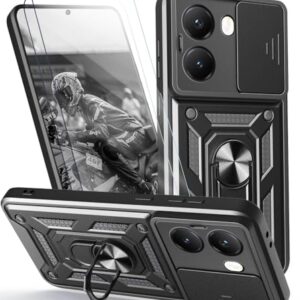 Capa para Xiaomi Poco X7 Pro 5G Capinha | incluindo 2 pedaços de película protetora de filme temperado, com janela deslizante de proteção para câmera e suporte para celular - Preto