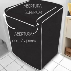 Capa Premium para Máquina de Lavar Roupas, PVC e Poliéster, Preta, com Zíper, Abertura Superior, 60x98cm, Proteção contra Poeira