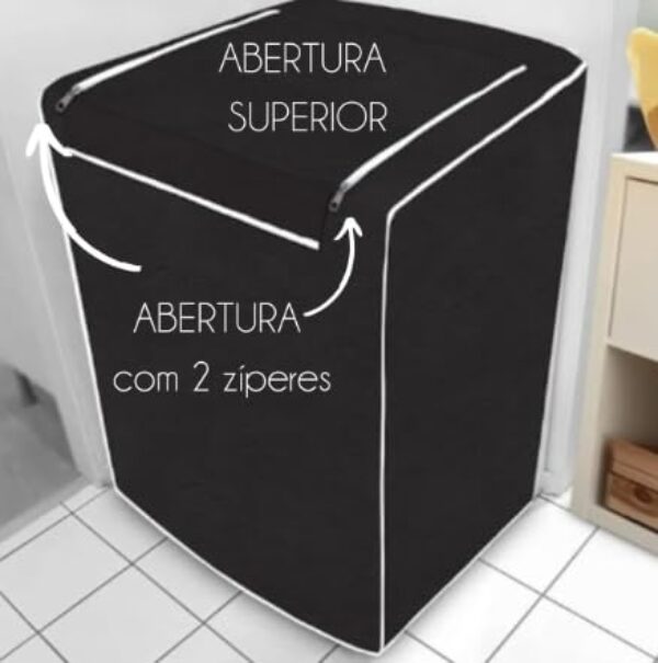 Capa Premium para Máquina de Lavar Roupas, PVC e Poliéster, Preta, com Zíper, Abertura Superior, 60x98cm, Proteção contra Poeira