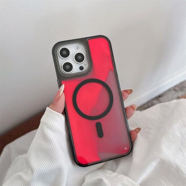 Capa protetora de celular com areia movediça líquida fluorescente para iPhone 13, 14, 15, 16 e 17 Pro Max com carregamento sem fio, rosa fluorescente e vermelho, para iPhone 14