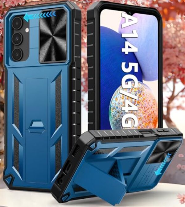 Capa protetora para Samsung Galaxy A14 4G/5G de grau militar à prova de quedas com suporte e slide | Capa de telefone resistente resistente e protetora texturizada - Azul