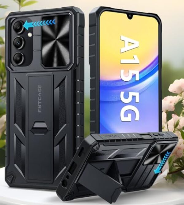 Capa protetora para Samsung Galaxy A15 4G/5G de grau militar à prova de quedas com suporte e slide | Capa de telefone resistente resistente e protetora texturizada - preta