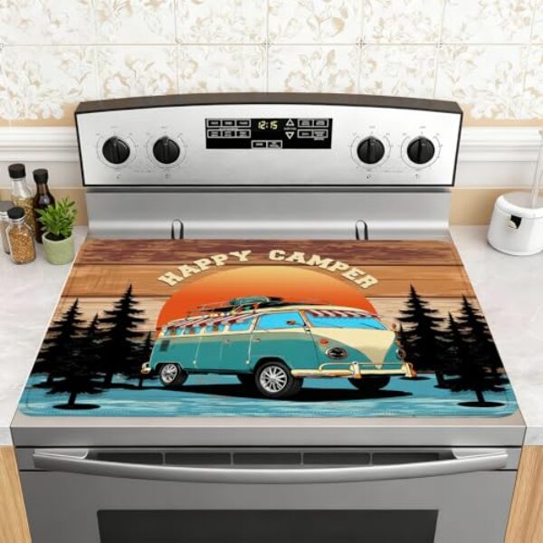 Capa superior de fogão de acampamento para fogão elétrico, capa de fogão de cerâmica Happy Camper, capa de fogão de vidro resistente ao calor, protetor de placa de fogão de trailer plano para cozinha